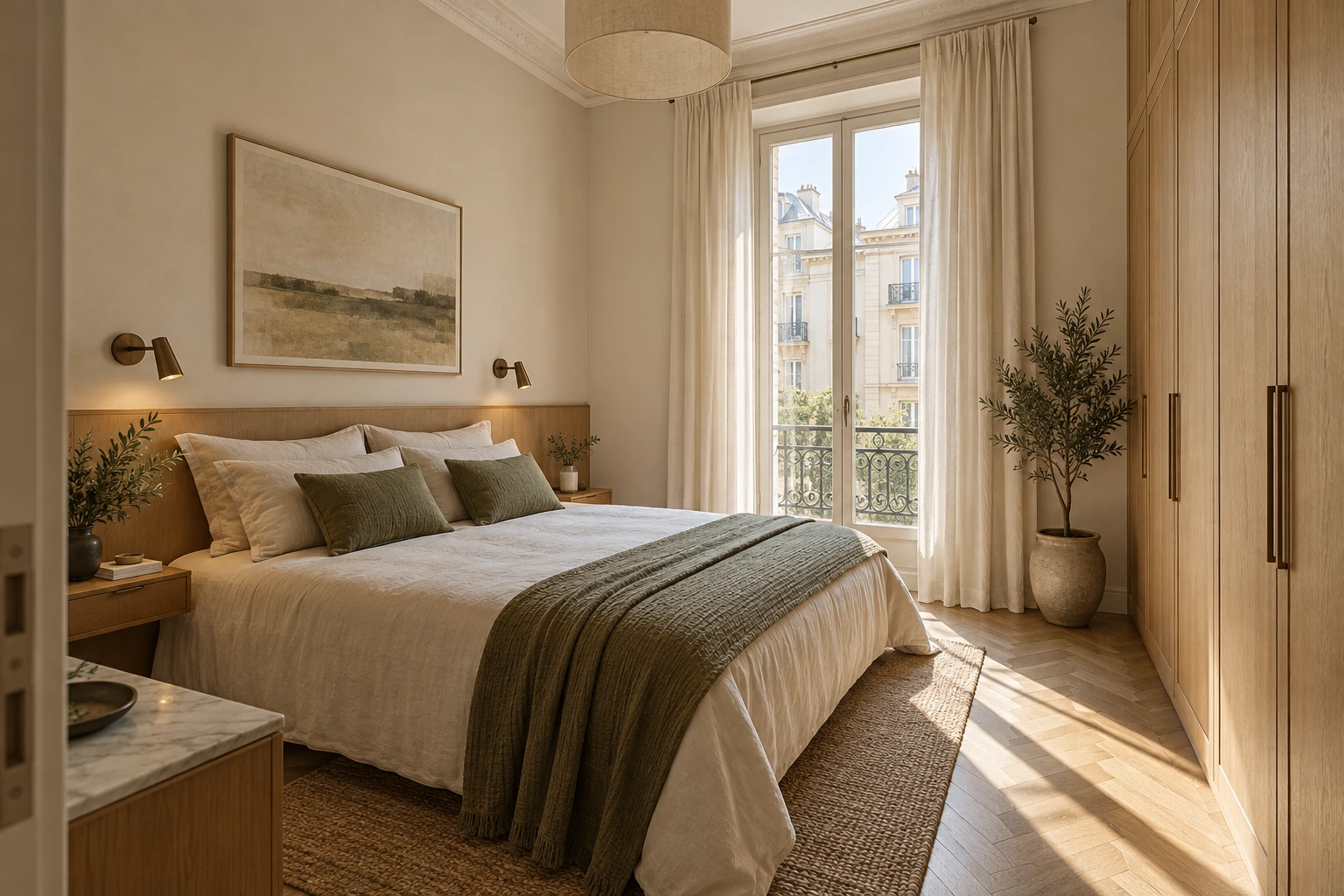 Projection IA non contractuelle : chambre rénovée, tête de lit en chêne, rangements intégrés et textiles en lin