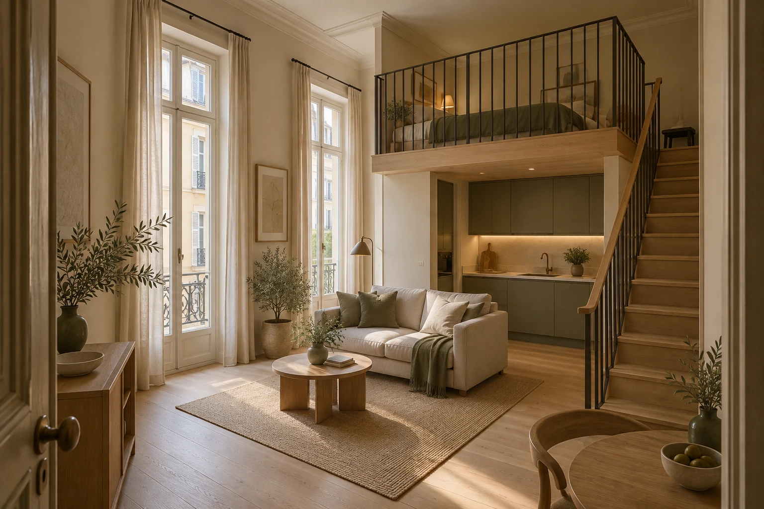 Projection IA non contractuelle : hypothèse de studio avec mezzanine de couchage, sous réserve de hauteurs et de faisabilité