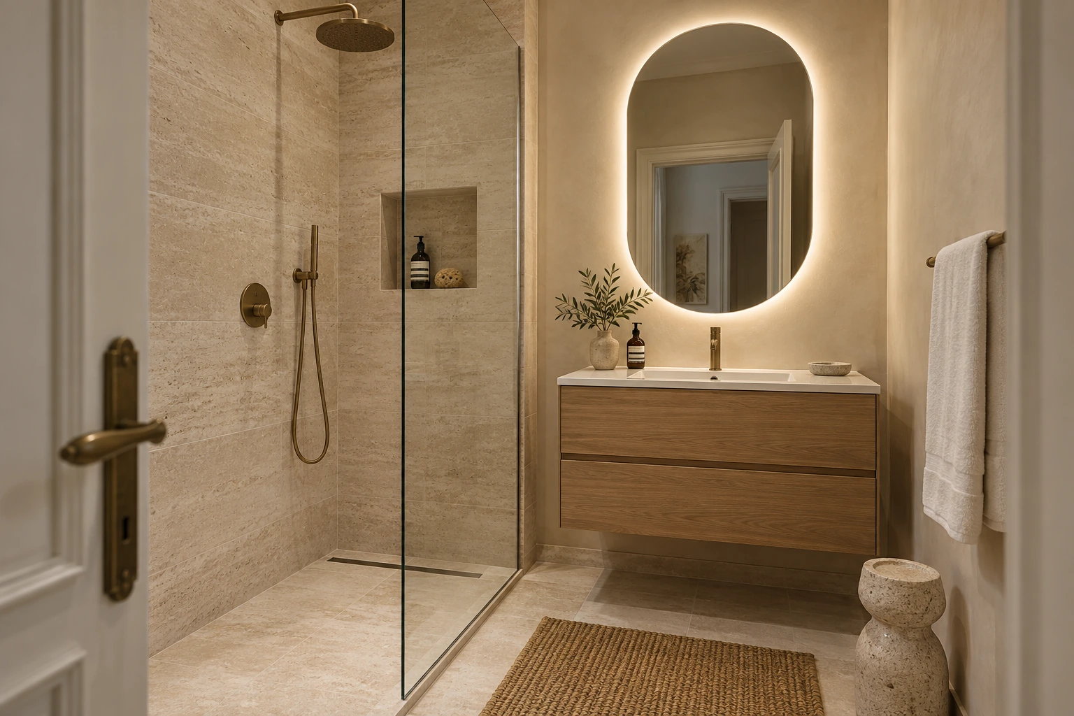Projection IA non contractuelle : salle d’eau rénovée, douche vitrée, meuble en chêne et teintes de pierre claire
