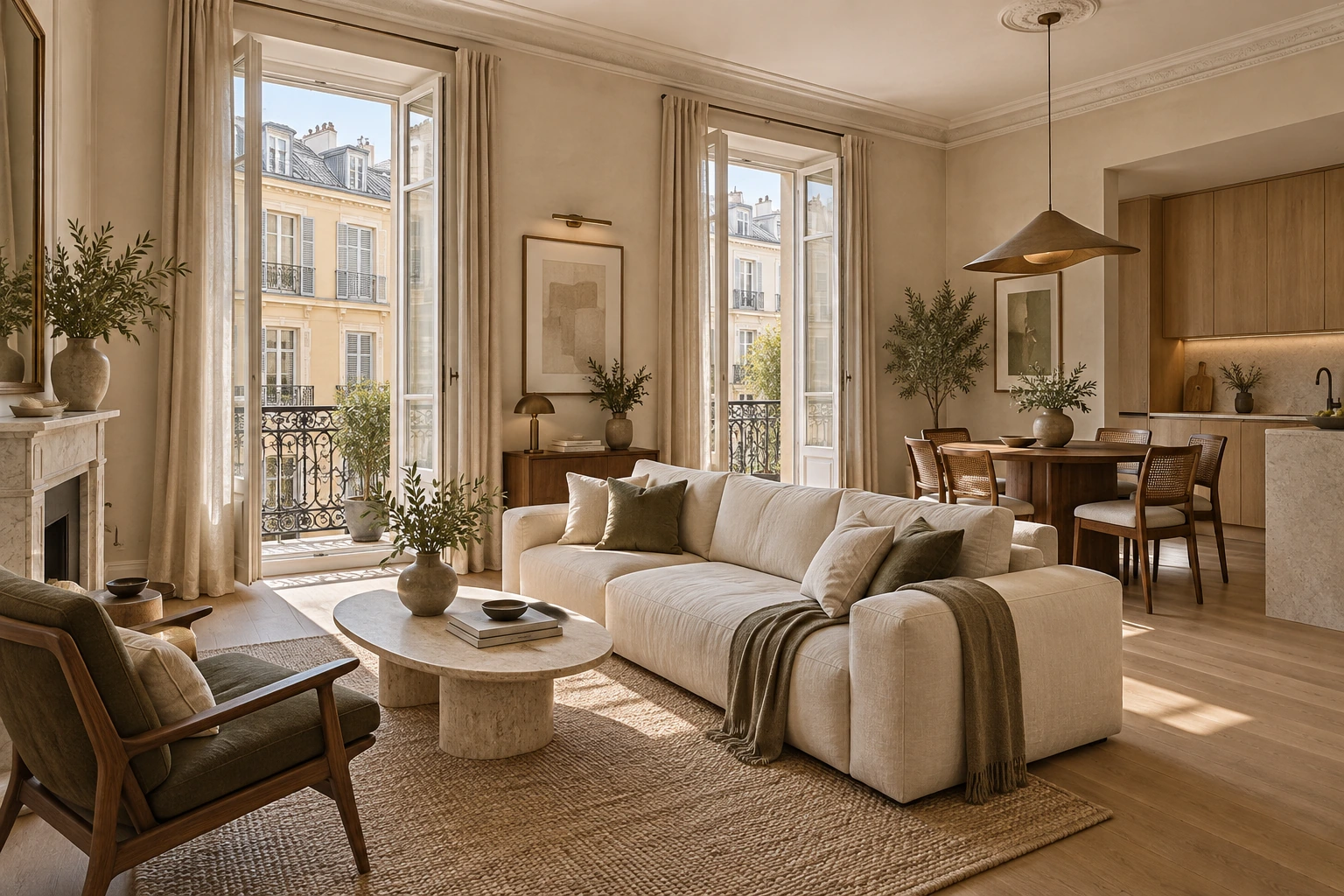 Projection IA après rénovation : proposition de séjour-cuisine avec parquet et mobilier clair. Ce n’est pas l’état actuel du bien ; résultat non garanti.